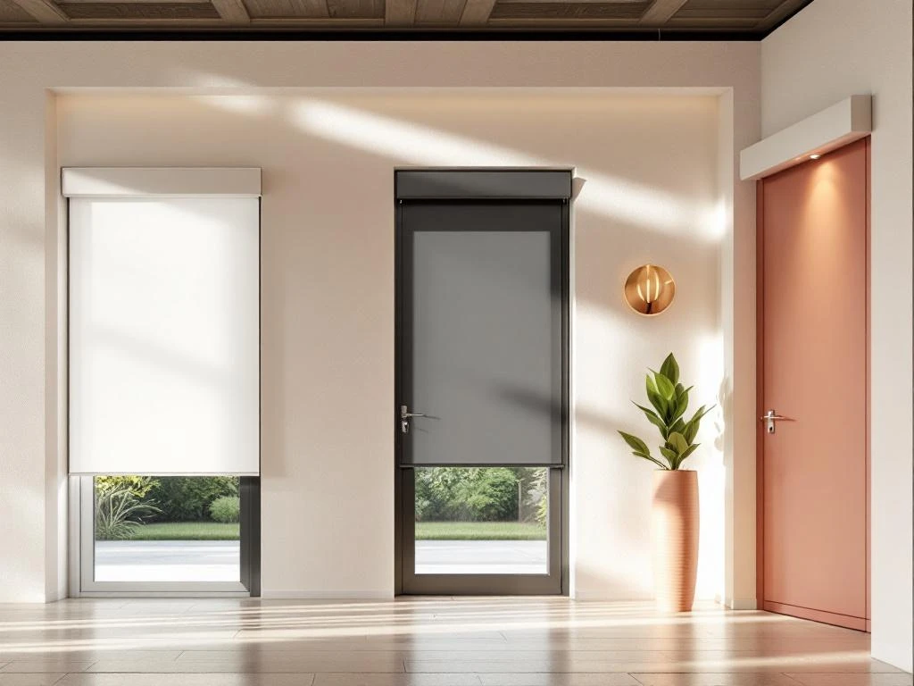 Verschillende rolluiken van Jordens in showroom: aluminium en PVC modellen in wit, antraciet en natuurlijk aluminium