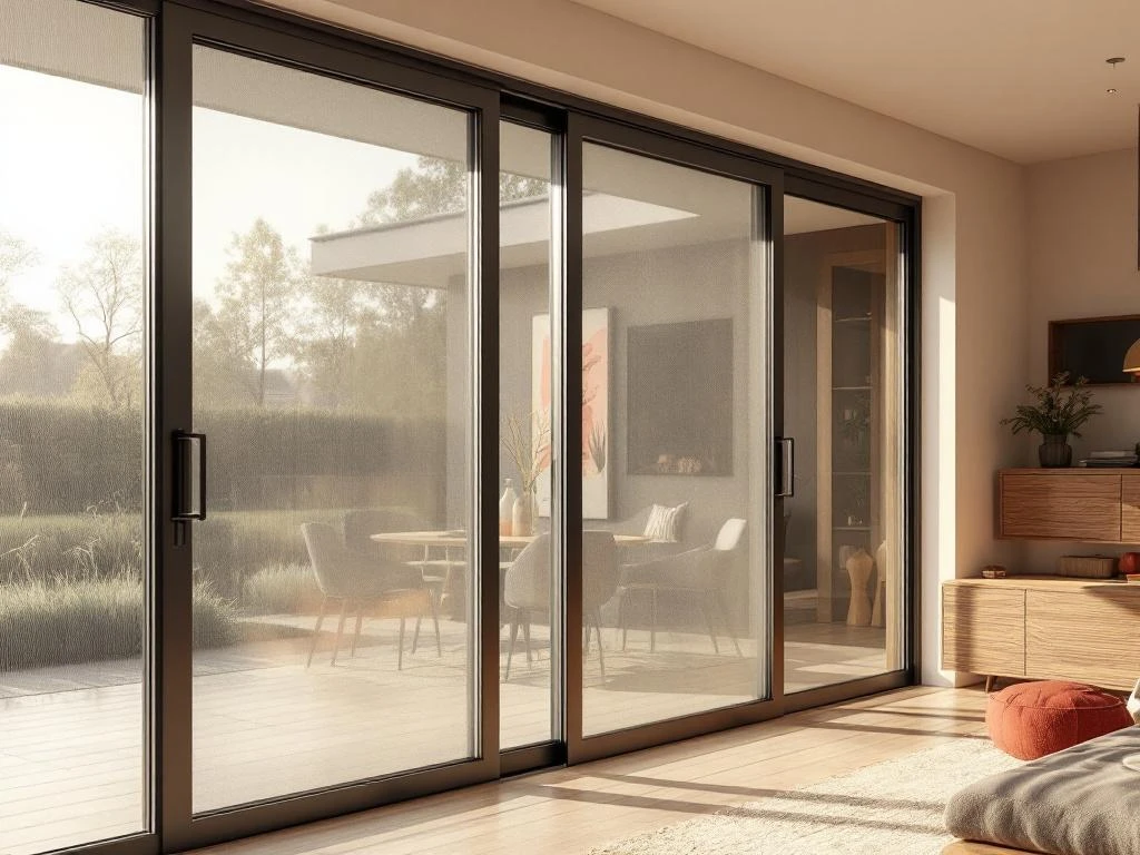 Moderne schuifpui met insectenhor van Jordens in eigentijds Nederlands interieur met aluminium frames en warme verlichting