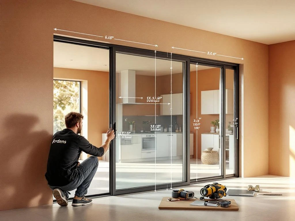 Jordens vakman meet schuifdeur installatie in moderne woning met aluminium panelen en natuurlijk licht