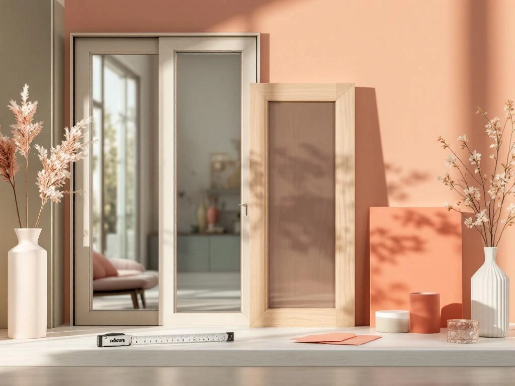 Vergelijking van schuifdeuren materialen: aluminium, hout en PVC profielen met Jordens meetgereedschap op houten oppervlak.