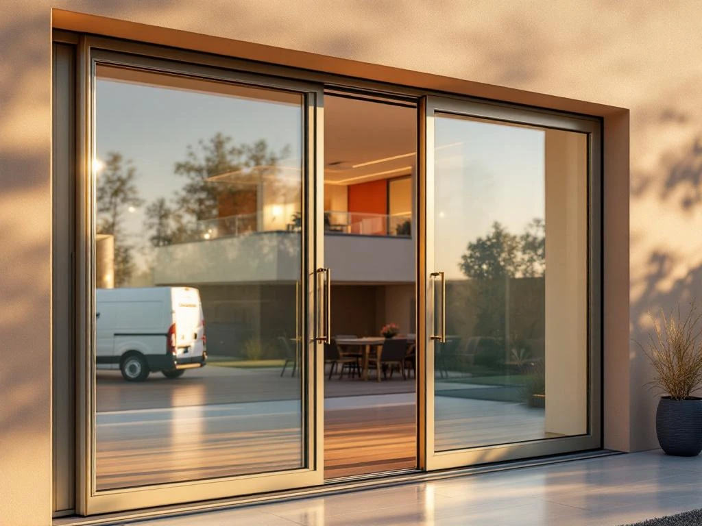 Elegante schuifdeuren van Jordens in beige met koraal openen naar modern terras, aluminium frames in warm zonlicht