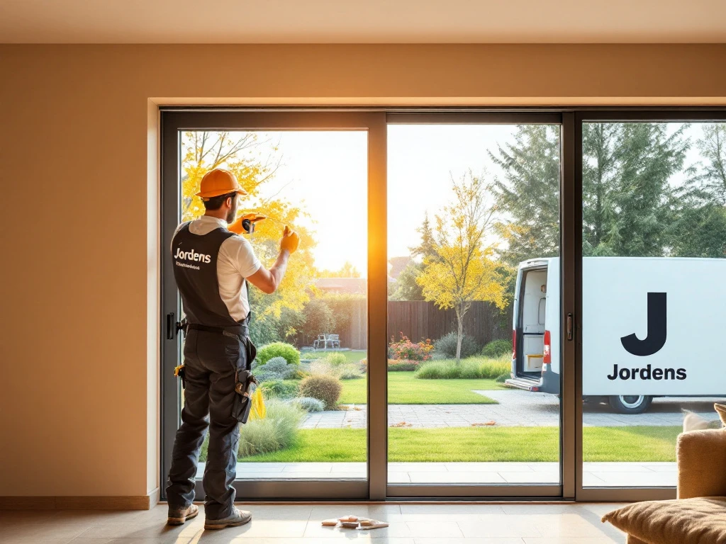Jordens monteur installeert moderne aluminium schuifdeur met glazen panelen in Nederlandse woning met tuinzicht