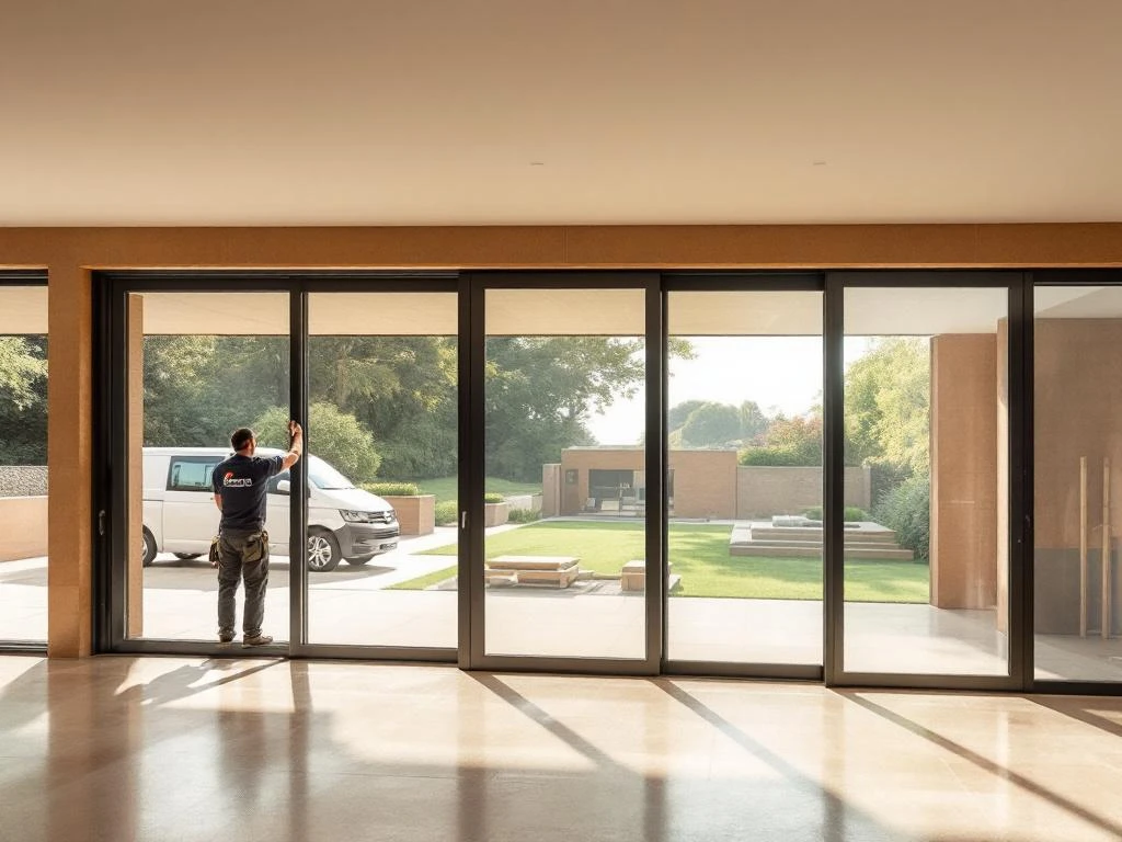 Jordens schuifdeuren installatie in verschillende maten met vakman aan het werk, panoramische glaswanden voor binnen-buiten verbinding