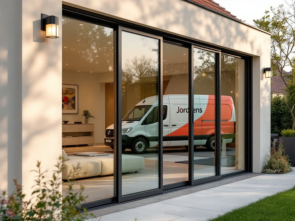 Moderne schuifpui met aluminium frames en grote glaspanelen in Nederlandse woning, Jordens servicewagen op achtergrond
