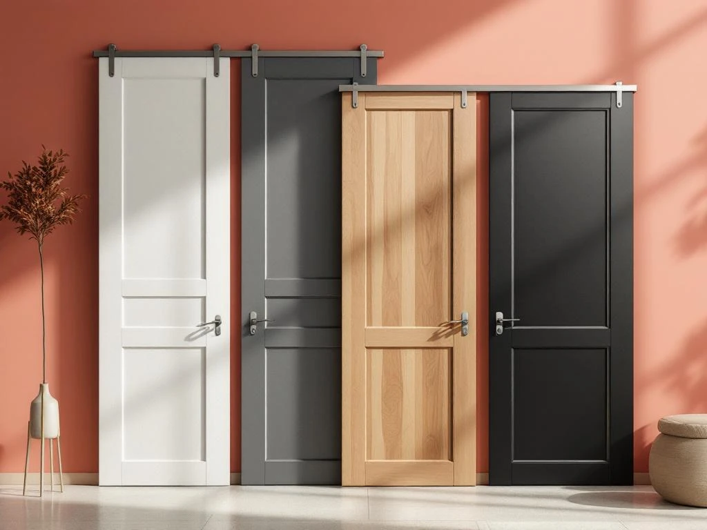 Kleurenstalen van schuifdeuren in wit, antraciet, hout en zwart in Jordens showroom met verschillende kadermateriaal opties