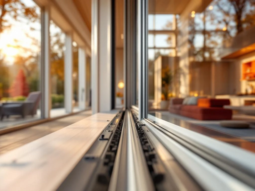 Moderne schuifdeursysteem met glazen panelen en aluminium rails in Nederlandse woning met warme natuurlijke verlichting