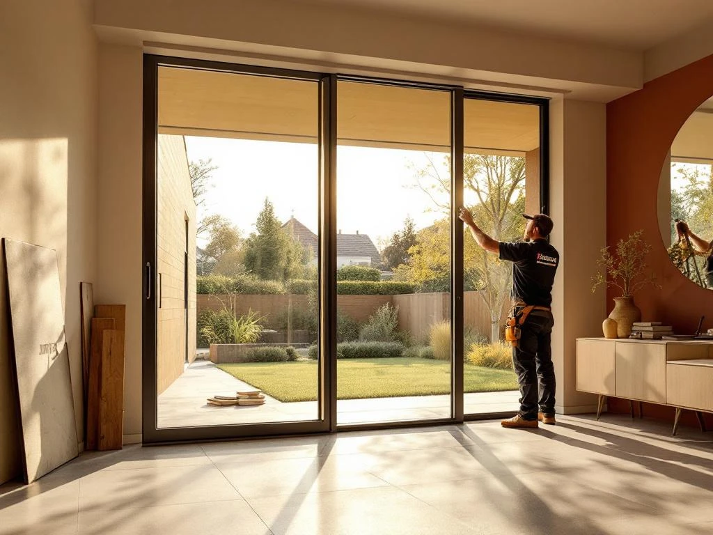 Jordens monteur installeert 4-meter aluminium schuifpui in moderne Nederlandse woning met betonnen vloer