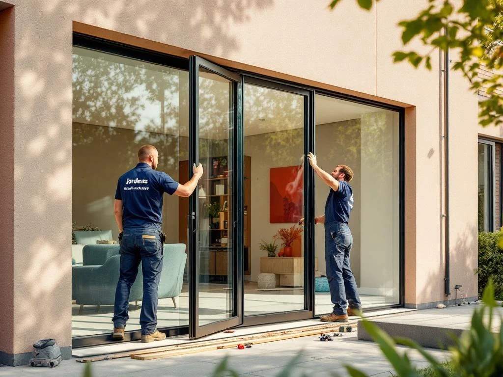 Jordens vakmensen installeren 3-meter glazen schuifpui bij modern Nederlands huis met beige gevelmuren