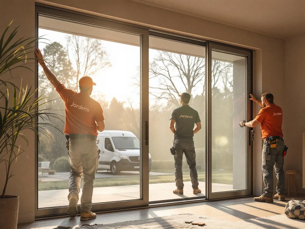 Jordens vakmensen installeren energiezuinige aluminium schuifdeuren in modern Nederlands huis met natuurlijk licht