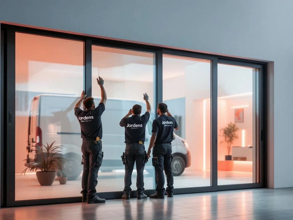 Jordens vakmensen installeren moderne schuifpui met HR++ beglazing in eigentijds interieur met warme accentverlichting.