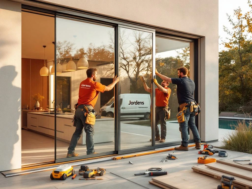 Jordens monteurs installeren moderne glazen schuifpui in Nederlandse woning met gereedschap en bedrijfswagen op achtergrond