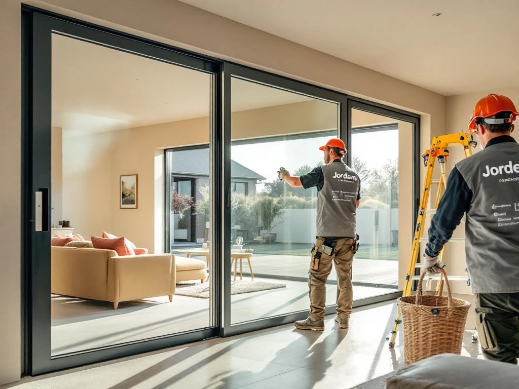 Moderne schuifpui met grote glazen panelen verbindt woonkamer met terras, Jordens monteur maakt laatste afstellingen
