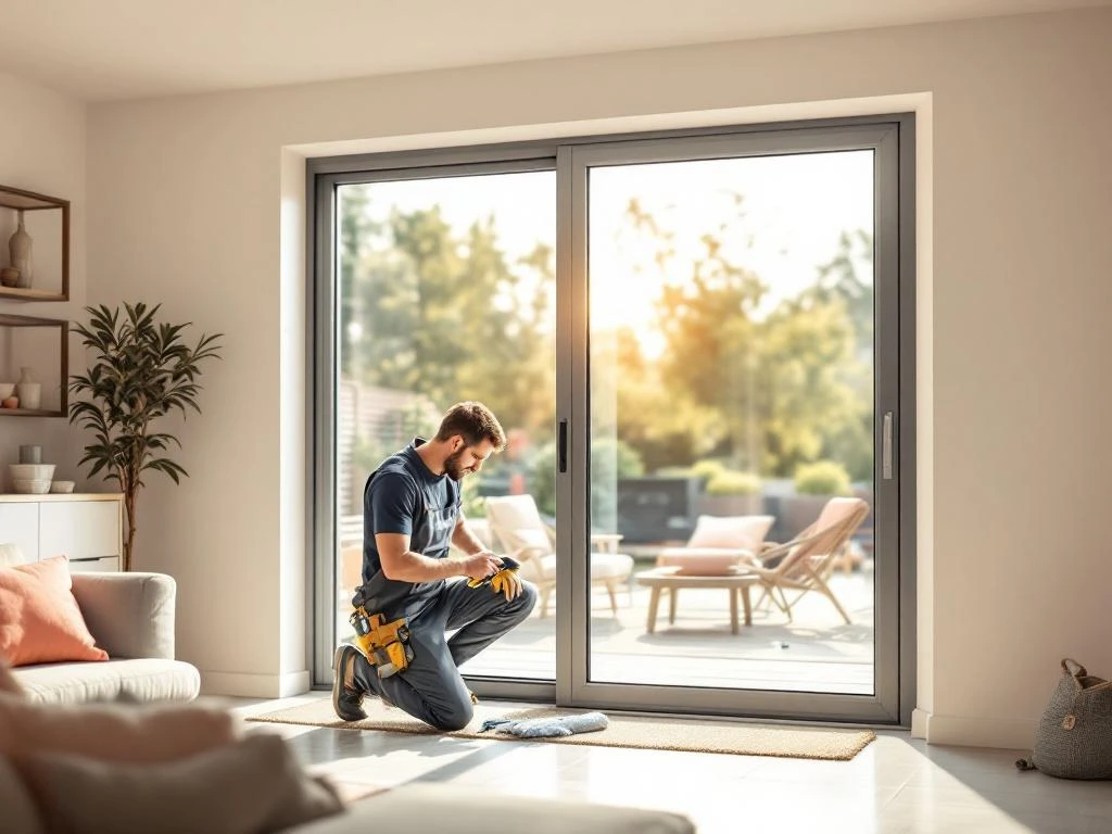 Jordens vakman onderhoudt schuifpui in moderne Nederlandse woning met zonnige tuinterras op achtergrond