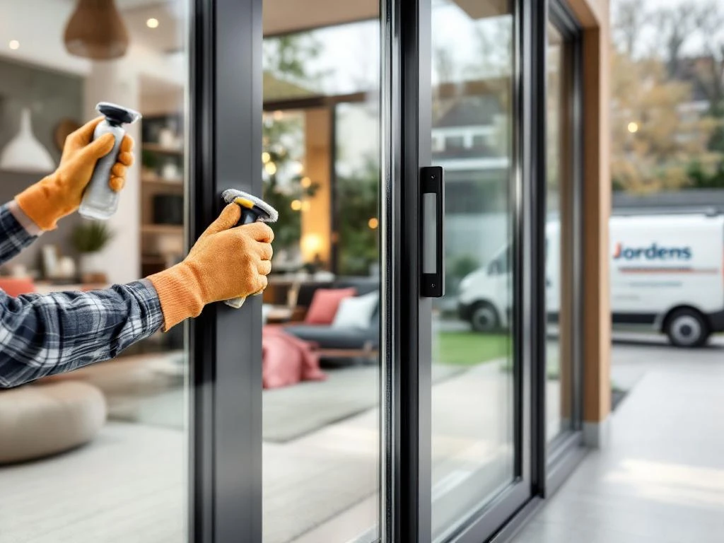 Vakman in Jordens werkhandschoenen onderhoudt glazen schuifdeursysteem in moderne Nederlandse woning met professioneel gereedschap