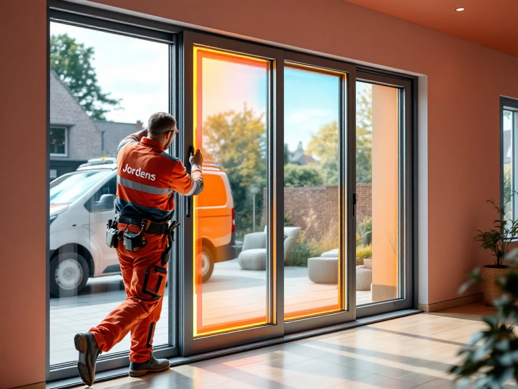 Jordens vakman installeert moderne schuifpui met thermische isolatie in Nederlands huis, bedrijfswagen op achtergrond