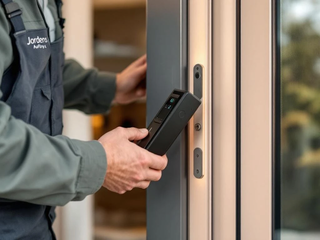 Moderne schuifdeur met veiligheidssluiting in beige aluminium frame, Jordens vakman toont beveiligingssysteem