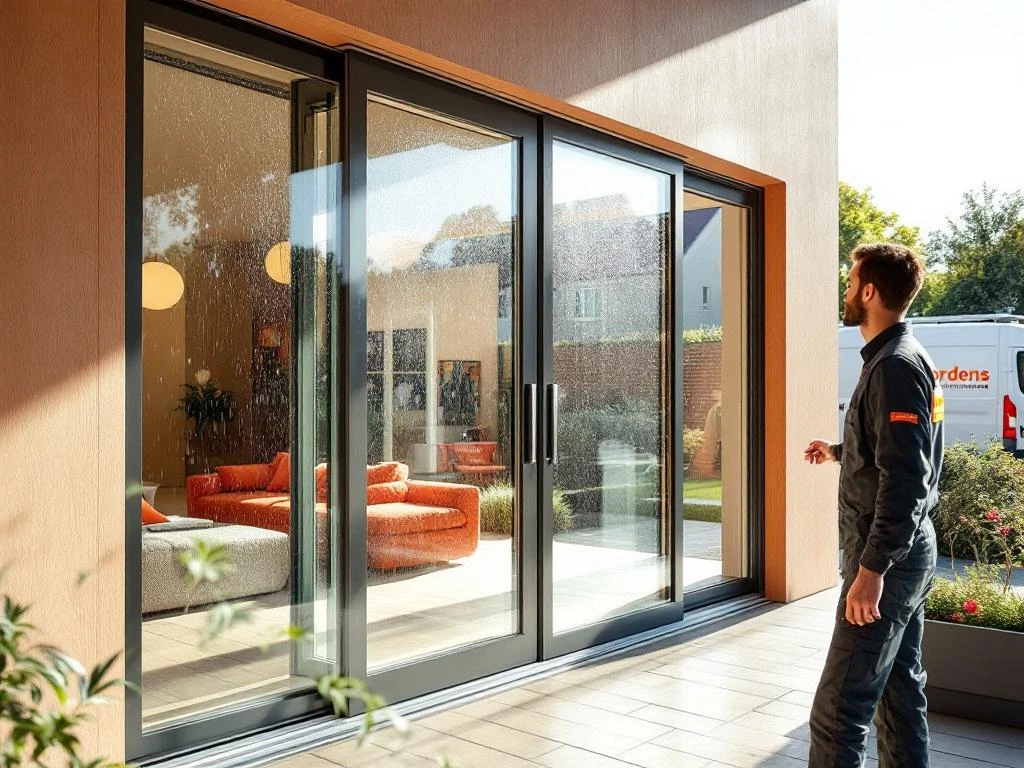 Jordens vakman inspecteert moderne schuifpui in Nederlands huis, weerbestendige aluminium constructie zichtbaar bij regen en zon