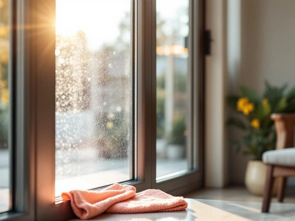 Professionele reiniging van Jordens schuifpuien met sprayflacon en microvezeldoek, heldere glazen panelen in Nederlandse woning