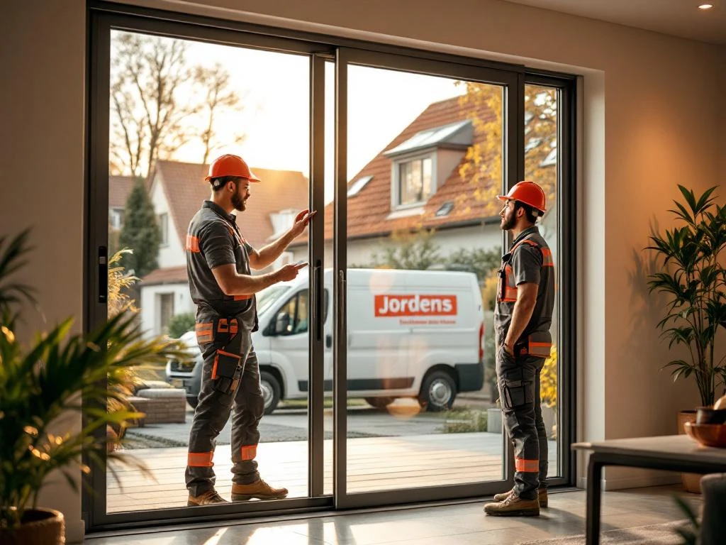 Jordens vakman inspecteert veiligheidsslot van moderne schuifpui met versterkt aluminium frame in Nederlandse woning