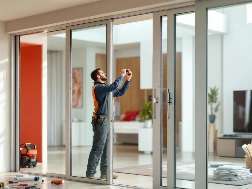 Professionele installatie van moderne schuifpui met verstevigde aluminium frames en meerpuntssloten door Jordens vakman