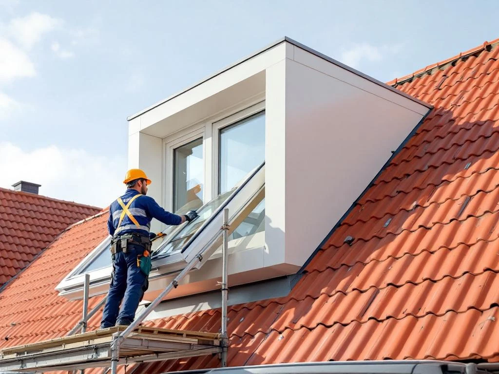 Jordens vakman installeert moderne Velux dakkapel op Nederlands woonhuis met witte structuur tegen beige dakpannen