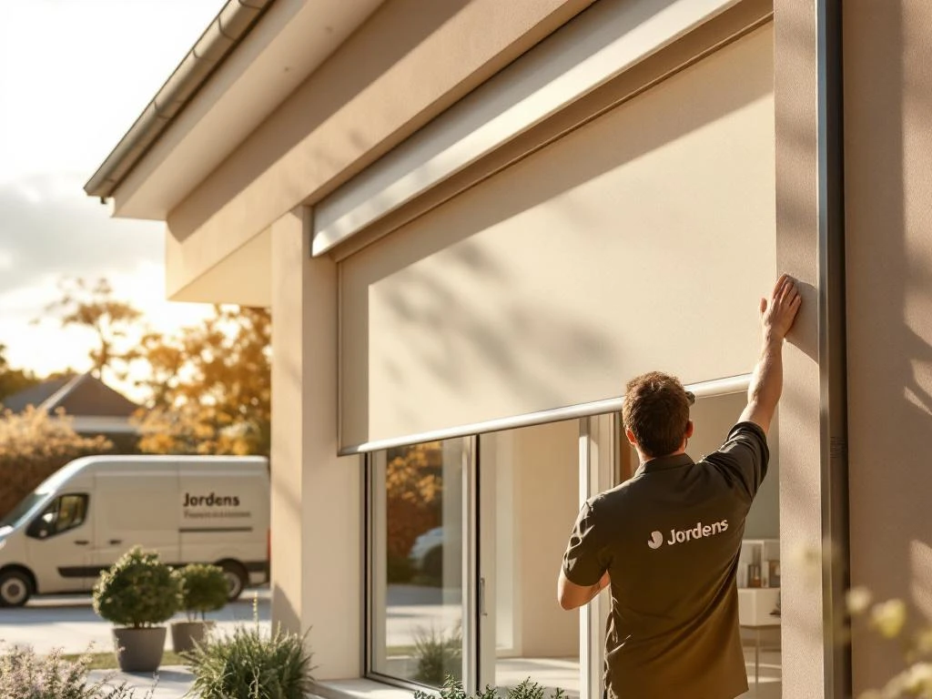 Jordens vakman installeert zonwering op modern Nederlands huis met aluminium ramen en uitgeschoven screens tegen zon