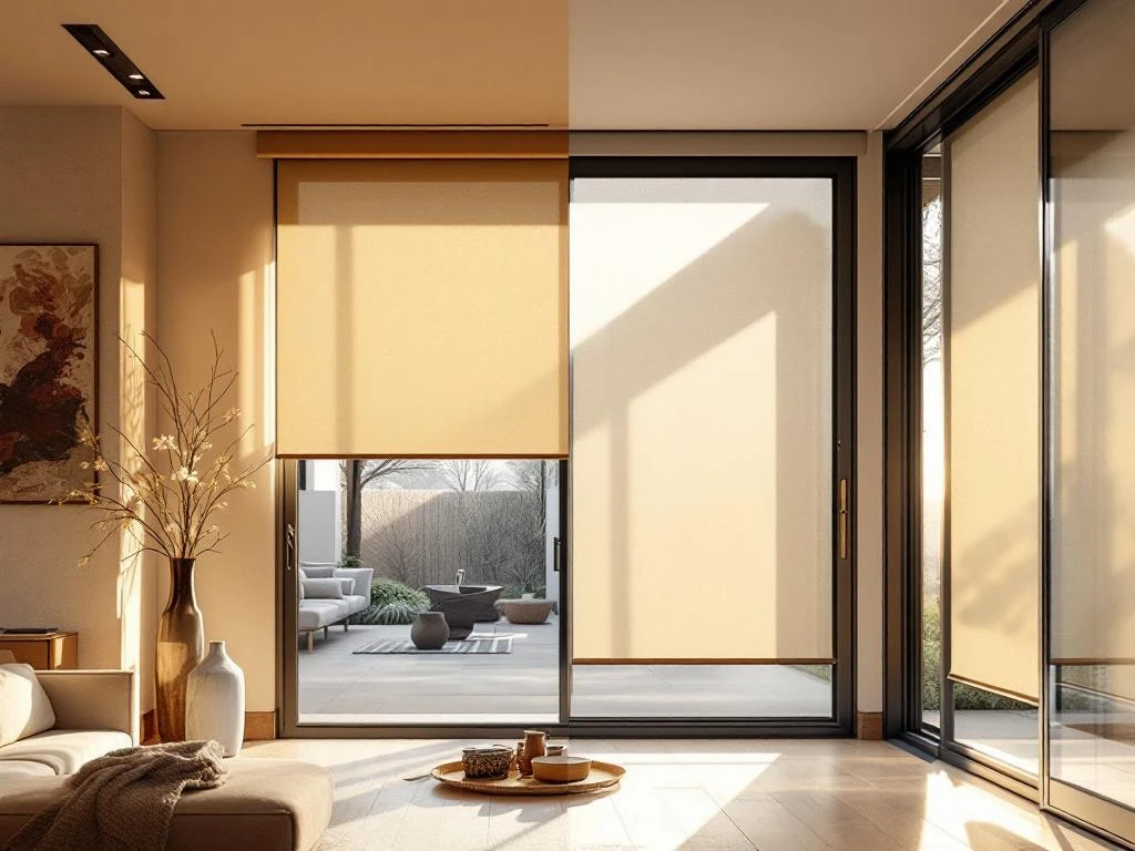 Moderne Nederlandse woning met binnenzonwering rolluiken en buitenzonwering aluminium screens in warme beige tinten