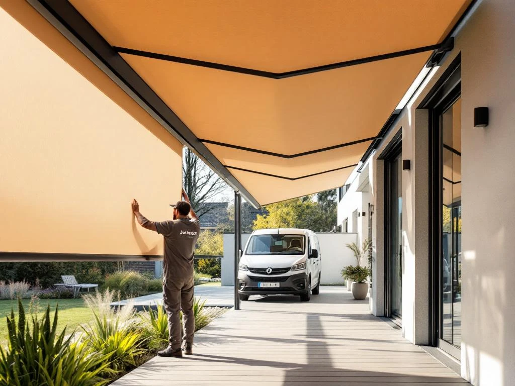 Jordens vakman installeert zonwering op modern terras met uitschuifbare markiezen en screens in beige tinten