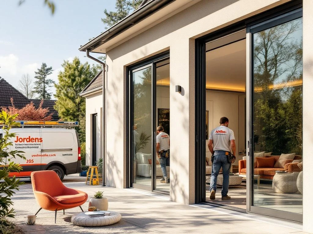 Moderne buitenschermen op Nederlandse woning met Jordens monteurs tijdens professionele installatie voor zonwering