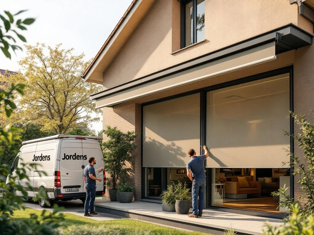 Jordens zonwering installatie met elegante buitenschermen en uitschuifbare luifels op moderne Nederlandse woning