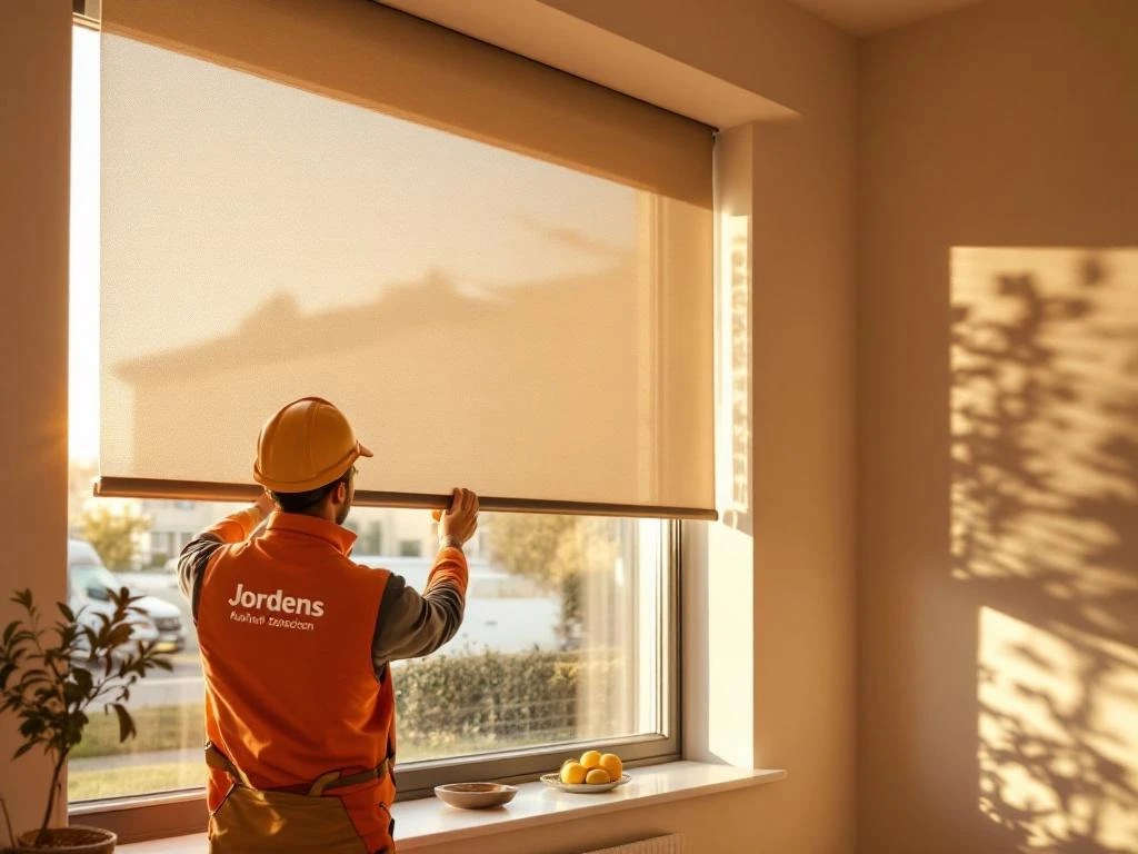 Jordens vakman installeert aluminium zonwering bij modern Nederlands huis, zonlicht filtert door screens naar binnen