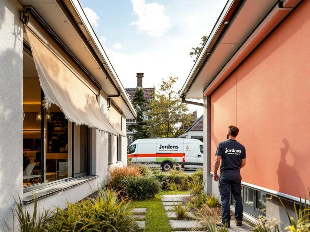 Jordens zonwering vakman vergelijkt oude versleten zonneschermen met nieuwe installatie op Nederlandse woning