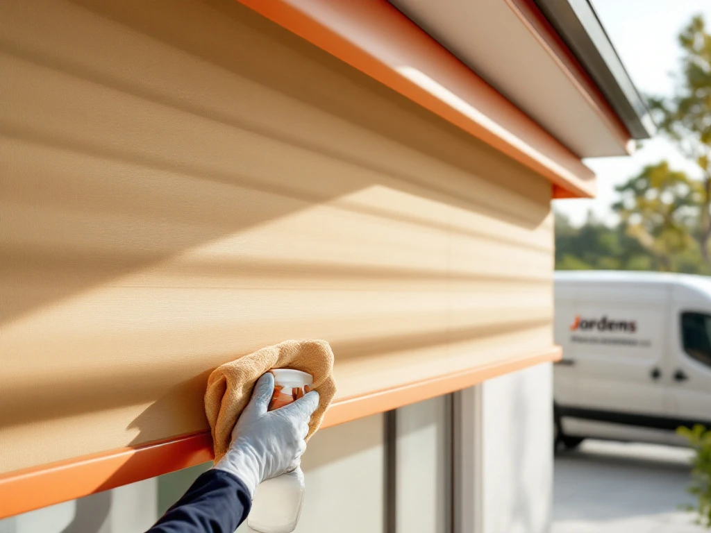 Professioneel onderhoud van beige zonwering met horizontale lamellen door Jordens medewerker met zachte doek en spray