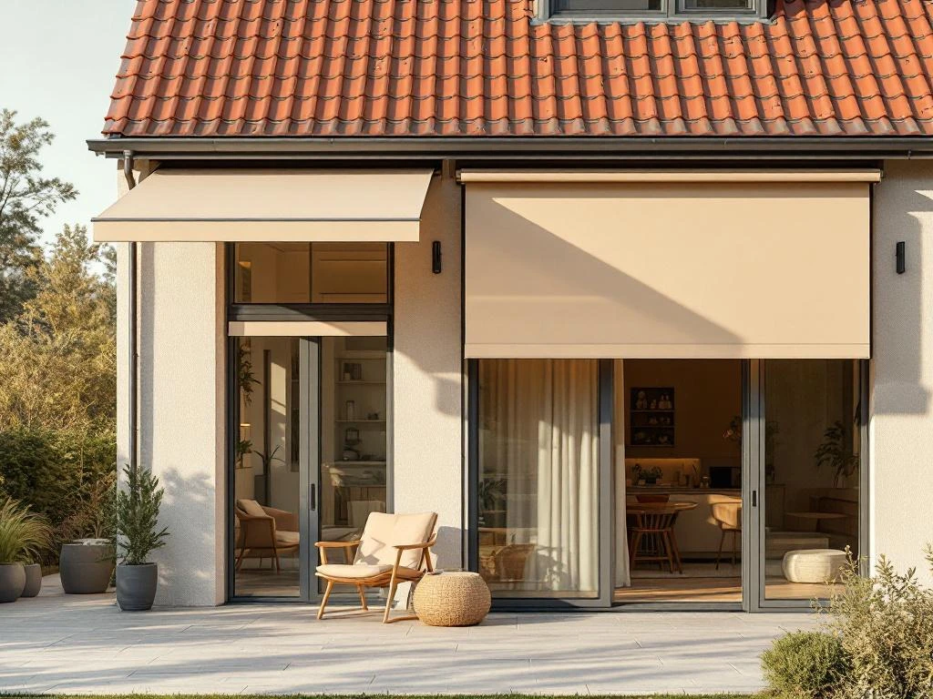 Nederlandse woning met uitgetrokken zonwering in beige en terracotta tinten, Jordens zonneschermen met aluminium frames