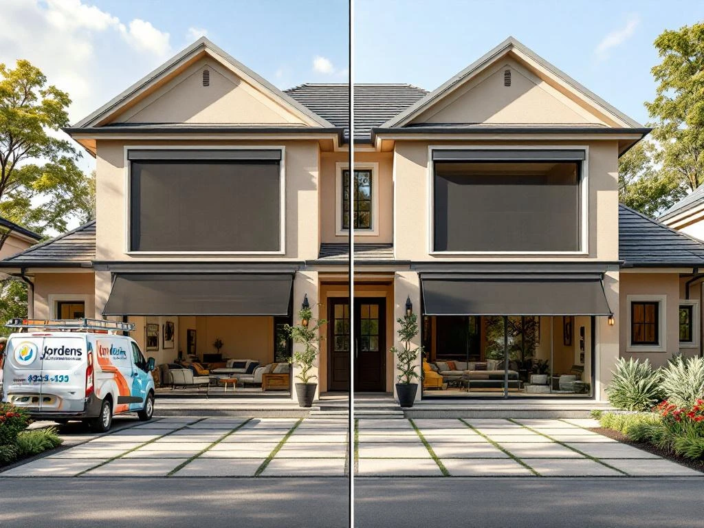 Moderne woning met intrekbare zonwering op ramen en schuifdeuren, toont voor/na lichtcontrast met Jordens installatiebusje