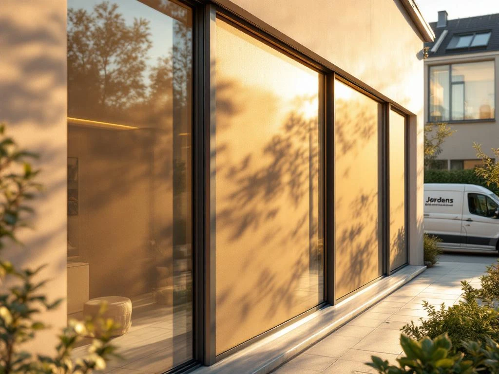 Moderne buitenzonwering op Nederlandse woning filtert zonlicht, Jordens bedrijfswagen op achtergrond toont professionele installatie