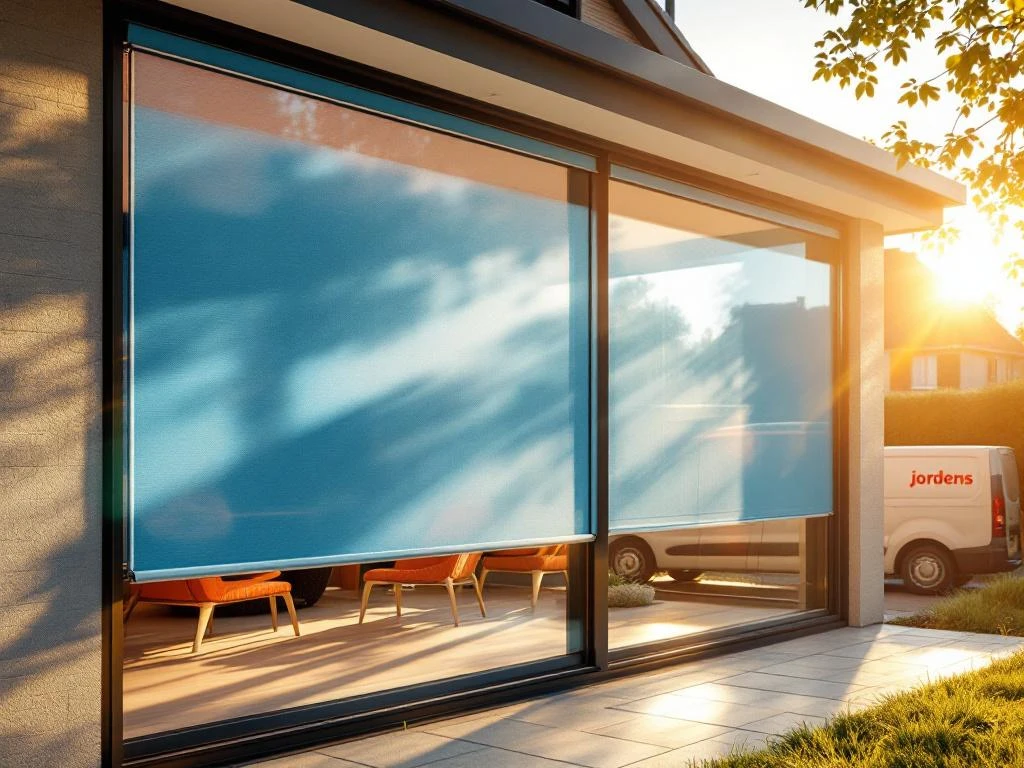 Externe zonwering screens op modern Nederlands huis tonen temperatuurcontrast met koele schaduwen en warme zonlicht