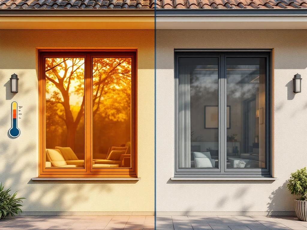 Nederlandse woning met Jordens zonwering toont temperatuurverschil: links felle zon op ramen, rechts koele schaduw