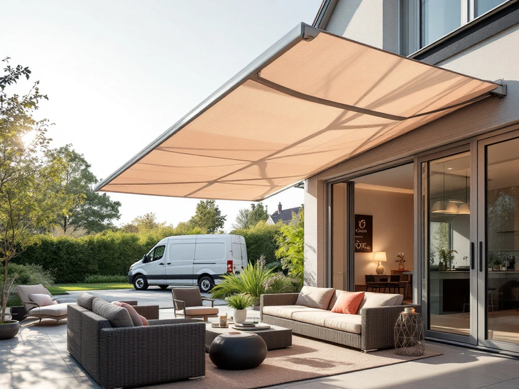 Uitschuifbare terrasoverkapping in beige en koraal tinten werpt schaduw over moderne patio met tuinmeubelen