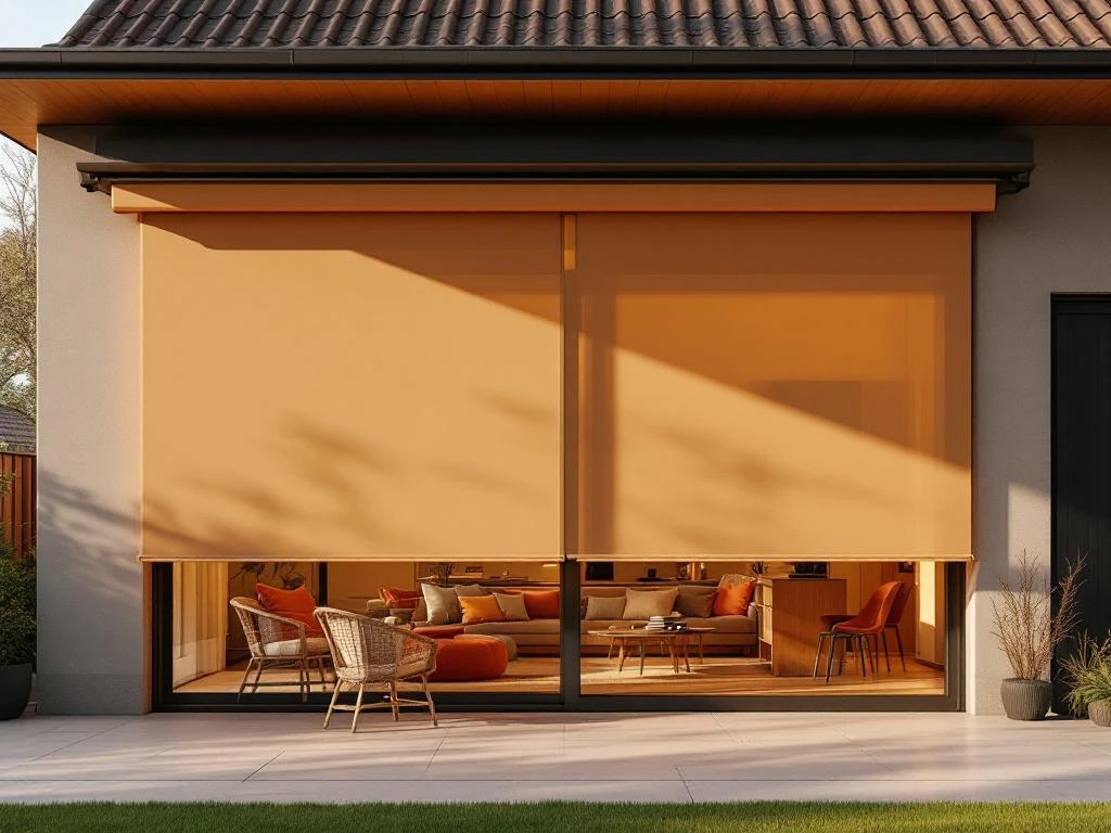 Moderne Nederlandse woning met elegante uitschuifbare zonwering en buitenschermen in beige en terracotta tinten