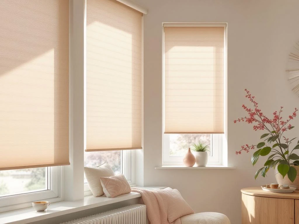 Moderne raamdecoratie met venetiaanse jaloezieën, rolgordijnen en plisségordijnen in beige tinten in Nederlandse woning