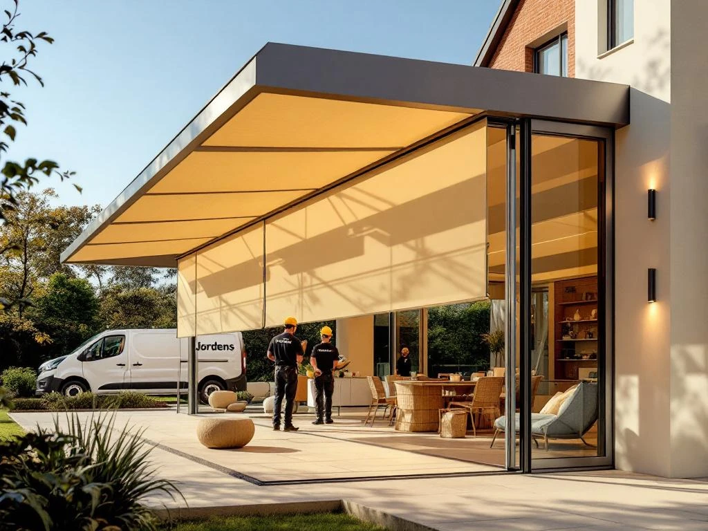 Moderne veranda met geïntegreerde zonwering in beige en terracotta tinten, Jordens monteurs installeren screens