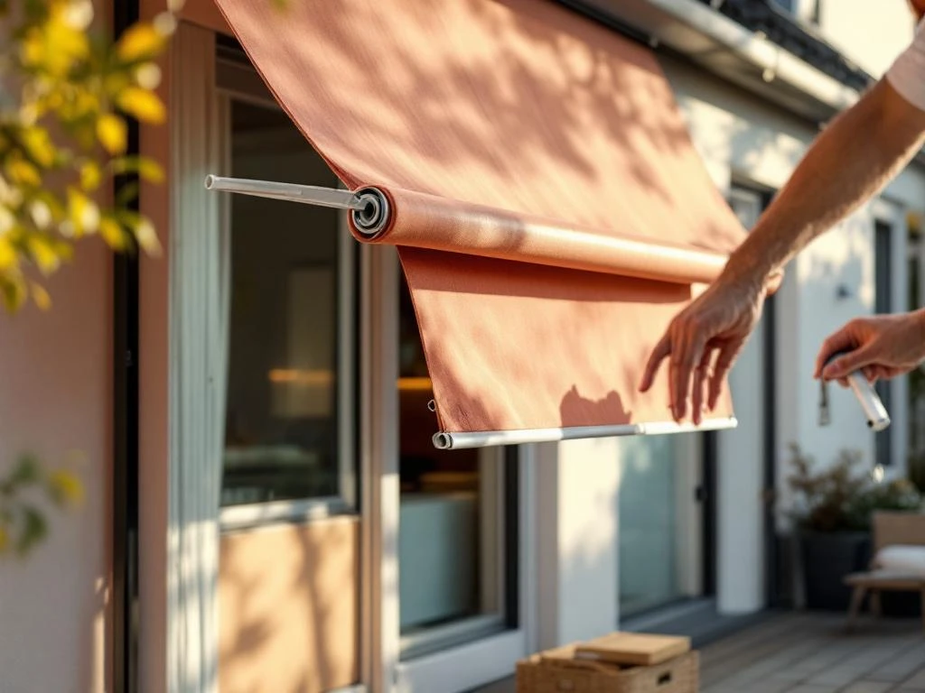 Handen vervangen versleten zonwering stof door nieuwe koraalkleurige stof op terras, Jordens gereedschap zichtbaar