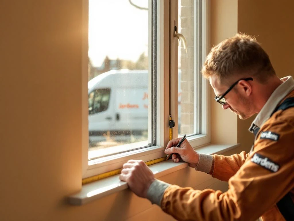 Jordens vakmannen meten en plaatsen op maat gemaakte PVC raamkozijnen met precisie-gereedschap en bedrijfswagen op achtergrond