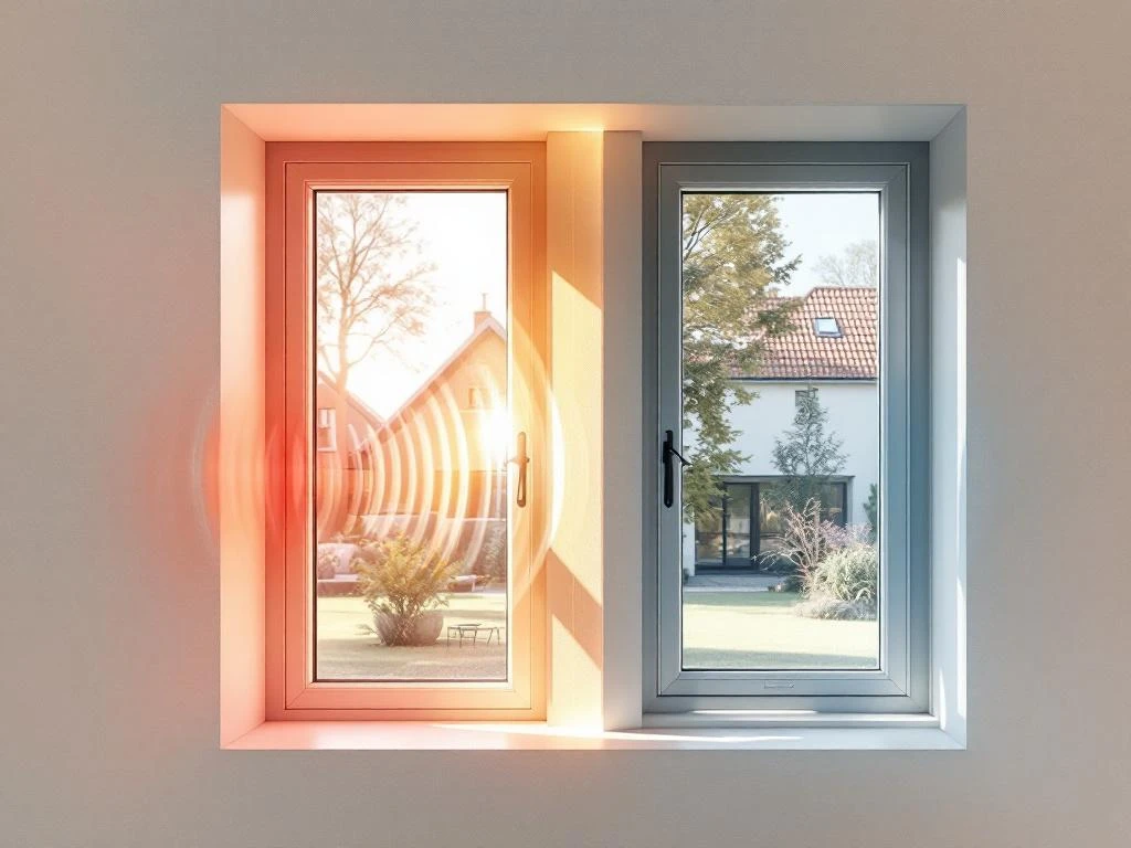Dwarsdoorsnede modern huis met geluidsgolven rond PVC en aluminium kozijnen, Jordens installatiematerialen zichtbaar