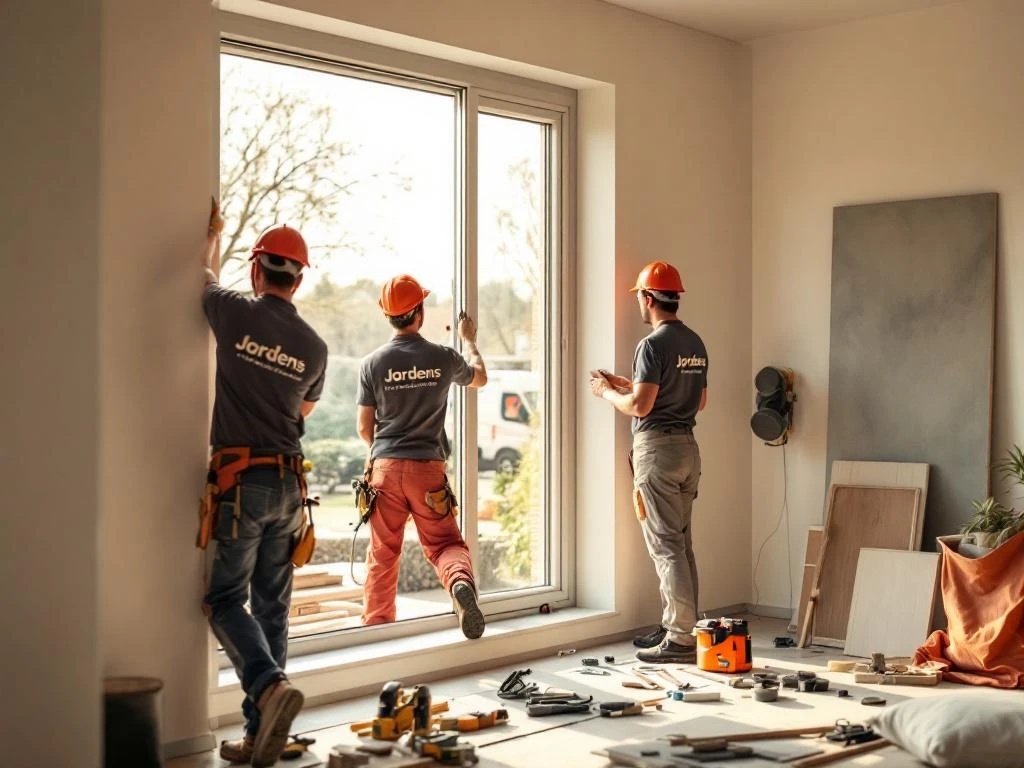 Jordens vakmensen installeren PVC raamkozijnen in moderne Nederlandse woning met bedrijfswagen op achtergrond