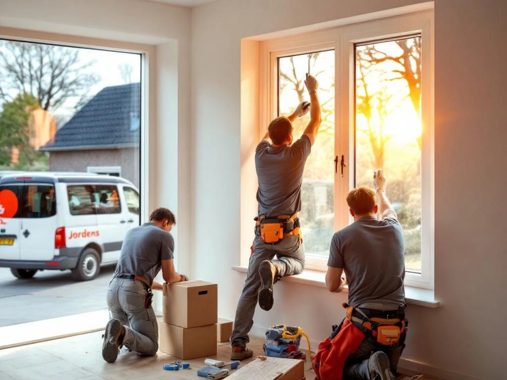 Jordens vakmensen installeren witte PVC raamkozijnen in modern Nederlands huis, bedrijfswagen zichtbaar op oprit