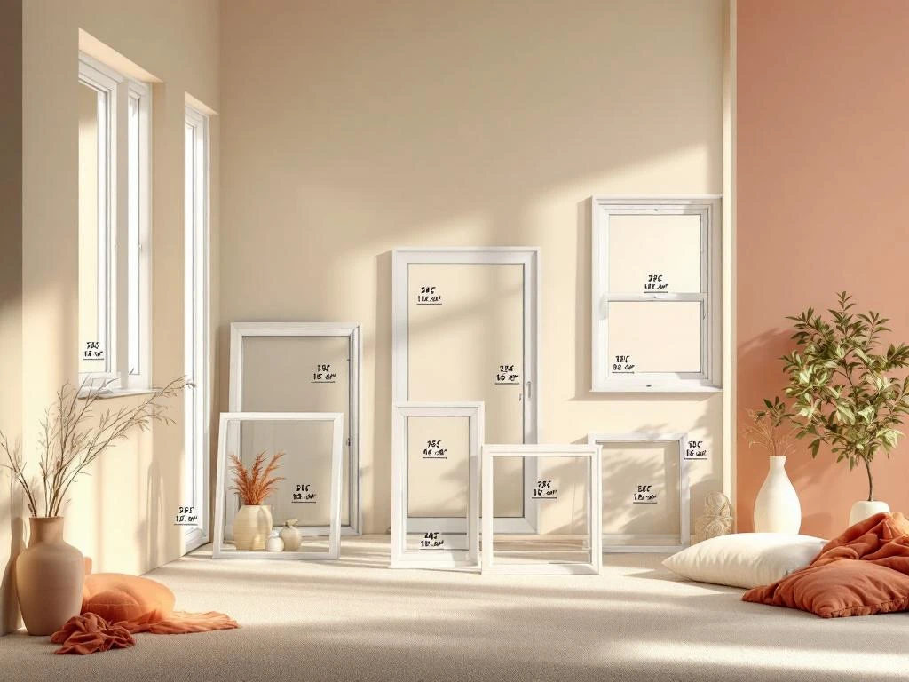 Jordens raamkozijnen in standaardmaten, PVC en aluminium frames in minimalistische showroom met natuurlijk licht