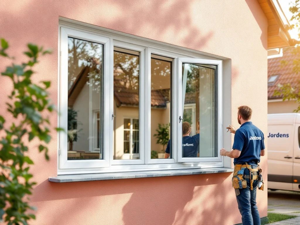 Jordens vakmannen installeren witte PVC kozijnen op moderne Nederlandse woning met bedrijfswagen op achtergrond