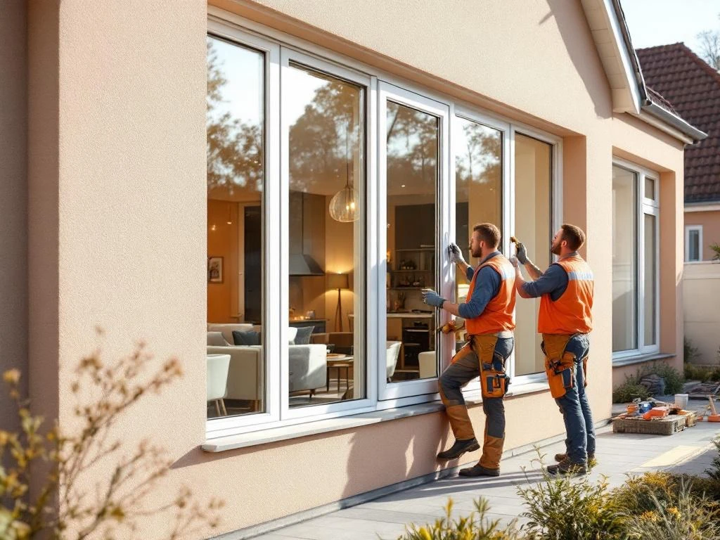 Vakmannen installeren moderne witte kunststof kozijnen bij eigentijds Nederlands huis, Jordens bedrijfswagen op achtergrond